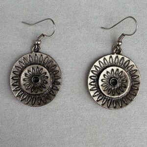 Toledo Spain Earrings Silver Tone Sunburst Floral Round Dangle Boho